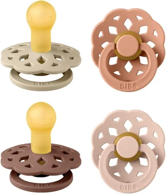 BIBS Boheme Soother 4-Pack. BPA Free Dummy Pacifier, Round Nipple. Natural Rubber Latex, Made in Denmark. 0-6 Months (Pack of 4), Dusky Lilac Mix