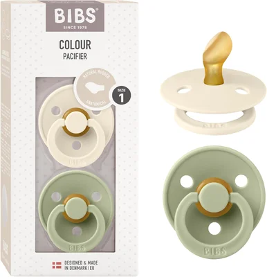 BIBS Colour Anatomical Soother 2-Pack, BPA Free Dummy Pacifier, Orthodontic Nipple. Natural Rubber Latex, Made in Denmark. 0-6 Months (Pack of 2), Ivory/Sage - Ivory/Sage / 0-6m