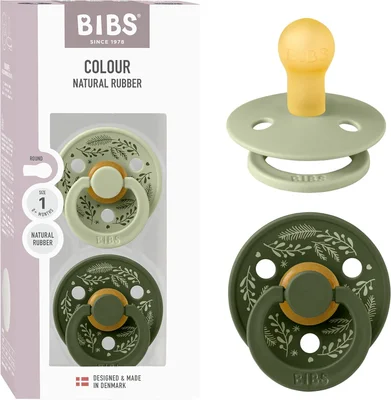 BIBS Colour Holiday Soother 2-Pack, BPA Free Dummy Pacifier, Round Nipple. Natural Rubber Latex, Made in Denmark, Size 1 (0-6 Months), Sage/Hunter Green