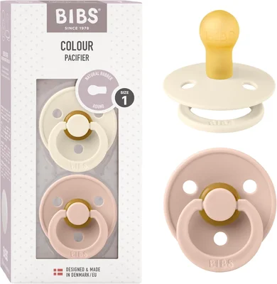 BIBS Colour Soother 2-Pack, BPA Free Dummy Pacifier, Round Nipple. Natural Rubber Latex, Size 1 (0-6 Months), Ivory/Blush - Ivory / Blush / 0-6 Months (Pack of 2)