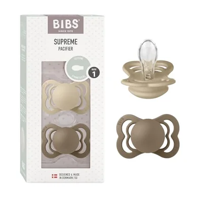 BIBS Supreme Dummies 2-Pack, BPA Free Dummy Pacifier, Silicone Symmetrical Nipple Soother, Size 1 (0-6 Months), Vanilla/Dark Oak