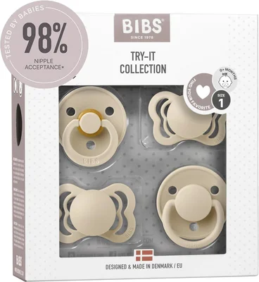 BIBS Try-it Dummies 4-Pack. BPA Free, Round, Symmetrical and Anatomical Nipple. Natural Rubber Latex, Made in Denmark. 0+ Months (Pack of 4), Vanilla - Vanilla / Size 1 (0-6 Months)