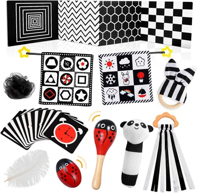 Black And White Sensory Toys, Baby Toys 0-6 Months Essentials for Newborn with Sensory Cards Baby Rattles, Ribbon Ring, Scarf, Maracas, Beeps, Early Christ Mas Presents - Black and White