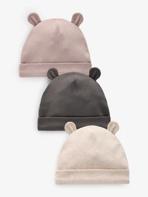 Black/White Bear Ear Beanie Baby Hats 3 Pack (0-18mths) - Size First Size - Black/White