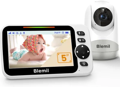 Blemil 5" Split-Screen Baby Monitor with 30-Hour Battery, Large Video Baby Monitor with Camera and Night Vision, Remote Pan/Tilt/Zoom Camera, Two-Way Talk, Lullabies, No WiFi,Up to 1000ft