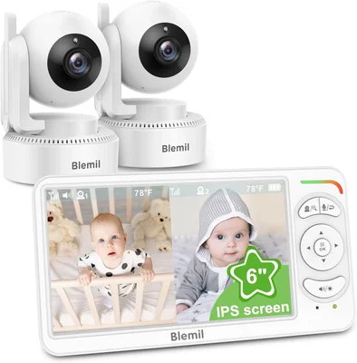 Blemil Baby monitor, Video Baby Monitor with 2 Cameras and Audio, 6 IPS Large Split Screen Remote Pan/Tilt/Zoom Baby Monitor, Video monitor cameras with clear night vision and 30hours battery Life