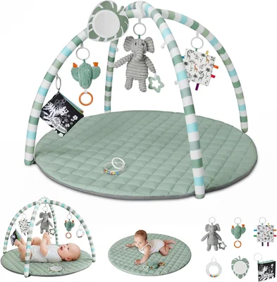 Blissful Diary Baby Play Gym Mat, Tummy Time Activity Mat with 6 Detachable Toys for Stage-Based Sensory & Motor Skill Development, Easy to Install & Clean,Sage Green