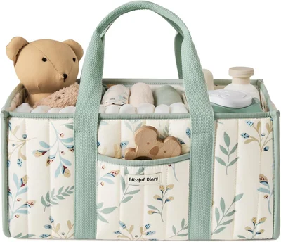 Blissful Diary Nappy Caddy Organiser, Baby Diaper Caddy for Nappy Station, Stylish Storage Basket for Newborn Essentials, Checkered Sage Green