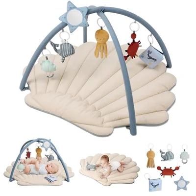 Blissful Diary Shell Baby Play Gym Mat, Softer & Enlarged Tummy Time Mat w 6 Detachable Toys for Sensory & Motor Skill Development, Activity Mat, Boho Ocean Theme - Boho