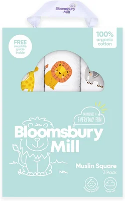 Bloomsbury Mill - Muslin Cloths for Baby -100% Organic Cotton Muslin Squares โ Breathable & Soft Burp Cloths โ Animal Print - 70cm x 70cm - Pack of 3 - Animal Print