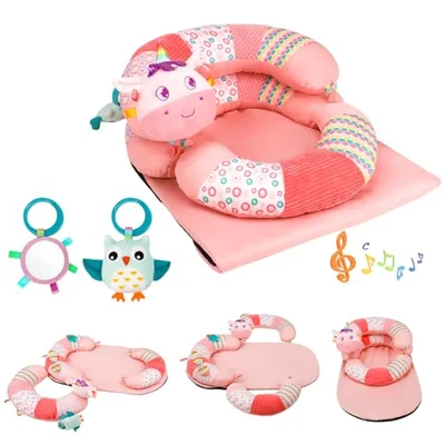 Blublu Park 3-in-1 Tummy Time Mat and Seated Support Pillow for Infant, Sit Me Up Floor Seat with Detachable Support Pillow to Prevent Reflux, Portable Playmat for Newborn Boys and Girls (Pink)