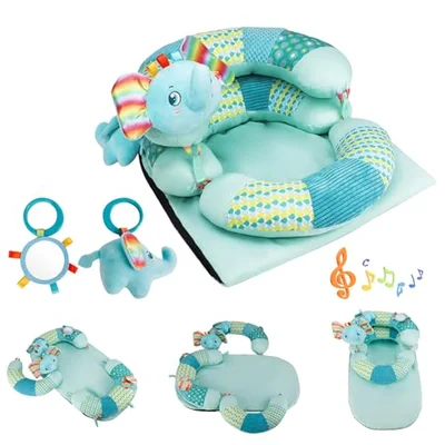 Blublu Park 3-in-1 Tummy Time Mat and Seated Support Pillow for Infant, Sit Me Up Floor Seat with Detachable Support Pillow to Prevent Reflux, Portable Playmat for Newborn Boys and Girls (Pink)