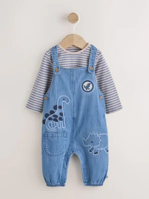 Blue Dinosaur Baby Denim Dungarees and Bodysuit Set