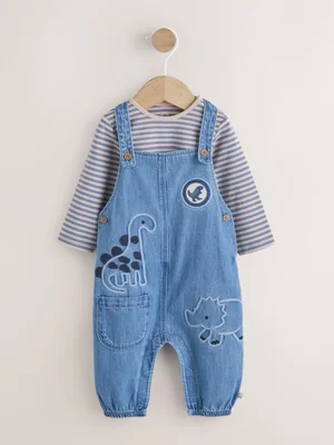 Blue Dinosaur Baby Denim Dungarees and Bodysuit Set