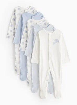 Blue Elephant Print Long Sleeve Sleepsuits 5 Pack Up to 3 mths - Blue / Up To 3 Mths