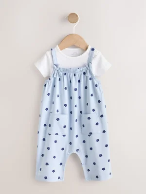 Blue Floral Baby Jersey Dungarees and Bodysuits Set 2 Piece