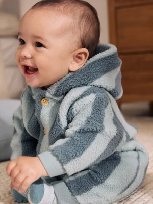 Blue Stripe Borg Button Hooded Baby Pramsuit (0mths-2yrs) - Size First Size - Blue Stripe / 0-1m
