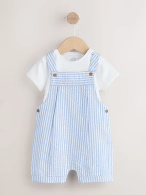 Blue Stripe Woven Dungaree and Bodysuit Baby Set