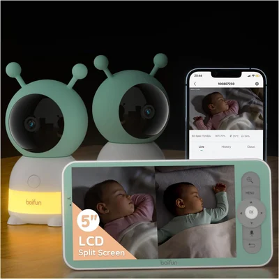 Boifun 2K 2.4GHz WiFi Baby Monitor, Phone App & 5'' Screen Control, Smart Night Light, Night Vision, Cry Motion Sound Detect, 360ยฐ Camera, Smartphone, PTZ, Auto-tracking, Humidity Temperature, 4X Zoom - 2K Baby Monitor With One Camera