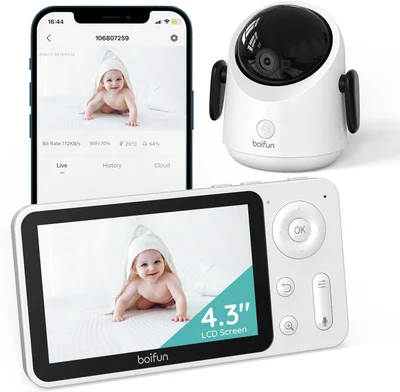 Boifun Wifi Baby Monitor, Phone App & 4.3'' Screen Control, No-glow Night Vision, Sound Motion Smart Detection, 360ยฐ Camera, Smartphone, PTZ,Auto-tracking,17-H Battery Life,Humidity Temperature Detect - Baby Monitor With Two Cameras