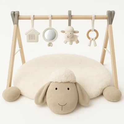 BooBoo Baby EWE & ME Play Mat Baby Gym | Wooden Activity Tummy Time Playmat | Ewe & Me Super Soft Sheep Design | x4 Detachable Sensory Toys