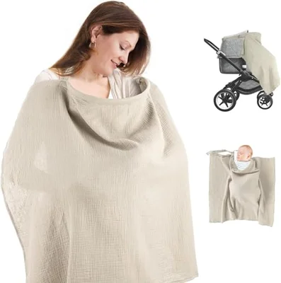 Breastfeeding Cover for Mum - Cotton Nursing Cover Breastfeeding Scarf with Adjustable Strap, Breathable and Soft Coverall for Nursing Privacy, Multi-Use for Stroller, Car Seat - Khaki