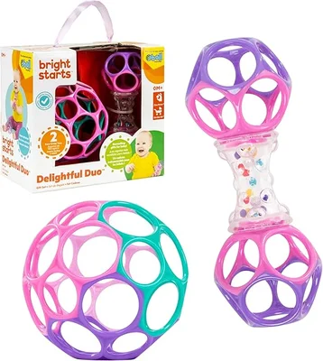 Bright Starts Easy-Grasp Oball Bundle Gift Set - Grasp The Day, Ball and Rattle Toys 2-Pack, BPA Free, Unisex, Newborn+ - Easy-Grasp Oball Bundle Gift Set Pink