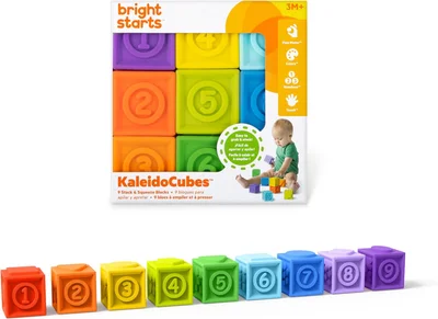 Bright Starts KaledioCubes 9pk Stack & Squeeze Blocks Baby Bath Toys - Play & Learn with Colors, Numbers & Shapes, Ages 3 Months+
