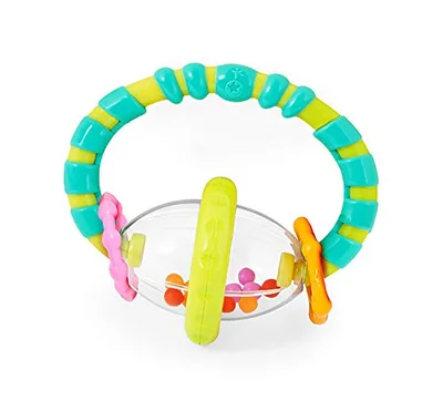 Bright Starts Grab and Spin Rattle and Teether - Blue Green and Pink