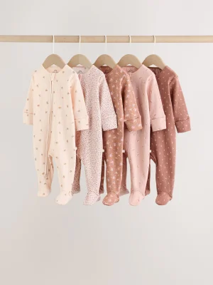 Brown Ditsy Floral 5 Pack Two Way Zip Baby Sleepsuit (0-2yrs) - Size 5lb