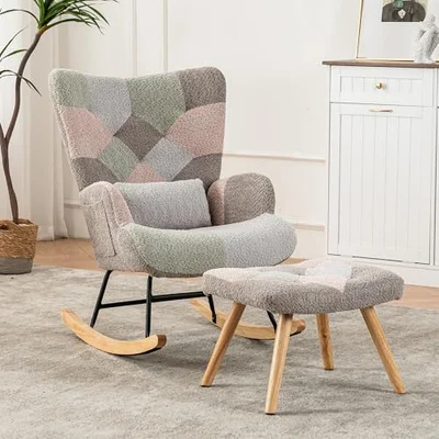 BTM Rocking Chair for Nursery, Rocking Chair with Footstool & Pillow & Side Pocket, Single Recliner for Living Room Bedroom Office, Multicolor