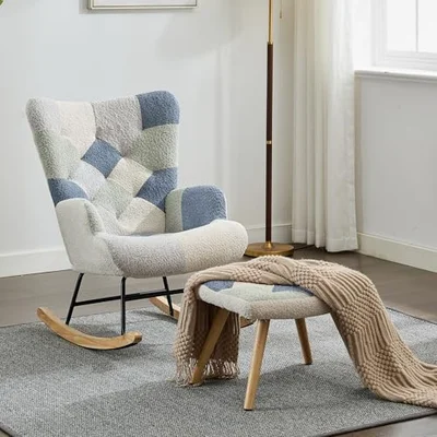 BTM Rocking Chair for Nursery, Rocking Chair with Footstool & Pillow & Side Pocket, Single Recliner for Living Room Bedroom Office, Multicolor