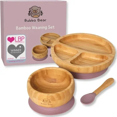 Bubba Bear Baby Bamboo Weaning Set | Toddler & Babies Plates & Bowls with Suction | Childs Led Feeding Plate, Bowl and Spoon Set | Wooden Dinner Essentials Sets for Kids | Eco Friendly & BPA Free - Elderberry