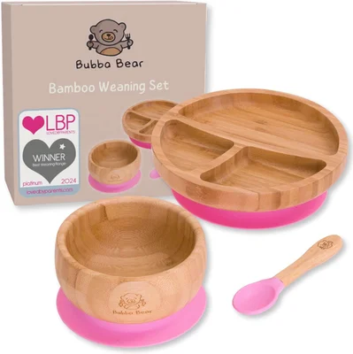 Bubba Bear Baby Bamboo Weaning Set | Toddler & Babies Plates & Bowls with Suction | Childs Led Feeding Plate, Bowl and Spoon Set | Wooden Dinner Essentials Sets for Kids | Eco Friendly & BPA Free
