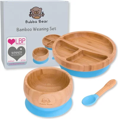 Bubba Bear Baby Bamboo Weaning Set | Toddler & Babies Plates & Bowls with Suction | Childs Led Feeding Plate, Bowl and Spoon Set | Wooden Dinner Essentials Sets for Kids | Eco Friendly & BPA Free - Blue