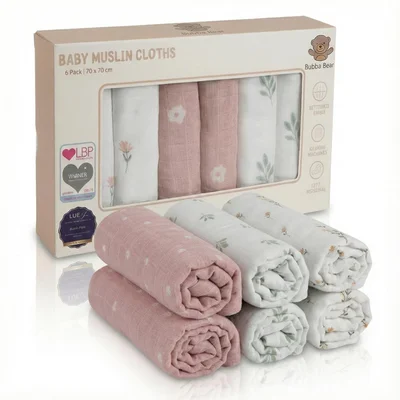Bubba Bear Muslin Cloths for Baby, 6 Pack of Bamboo & Organic Cotton Muslins Squares 70x70cm, Large Burp Cloth for Babies, Cute Newborn Essentials for Baby Boy & Girl (Safari)
