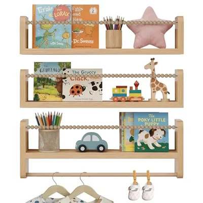BunteHunde 3 Pack Wooden Wall Mounted Nursery Shelves, 15 Inch Floating Kids Bookshelf, Children Book Display Shelves for Baby Bedroom, Living Room, Playroom, Kindergarten (Wood)