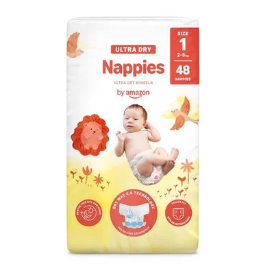 By Amazon - 48 Ultra Dry Nappies - Size 1 (2-5 kg) (Previously a Mama Bear brand, same product) - White / Taille 1 (2-5 kg)