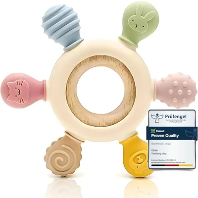 CAJA Teether Baby Silicone Wood BPA Free Animal Shape Toy Sensory Teething Safe Newborn Gift Babies Girl Child Ring Grip Montessori