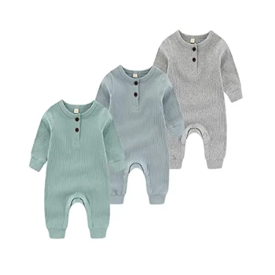 Chamie Baby Romper Newborn Knitted Jumpsuit Long Sleeve Baby Boys Girls Footless One-Piece Suit 0-24 Months,3 Pcs,Blue,Green,Grey - Blue+Green+Grey Baby romper / 0-3 Months