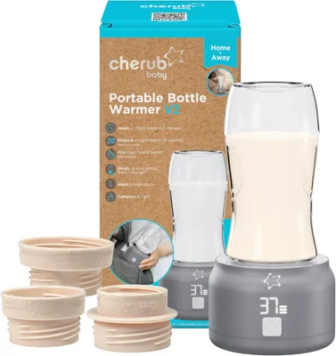 Cherub Baby Portable Travel Baby Bottle Warmer, 3 Adaptors Included | Rechargeable Bottle Warmer with Temperature Control | USB Heating for Breastmilk & Formula On-The-Go | Fits Tommee Tippee, MAM - Grey
