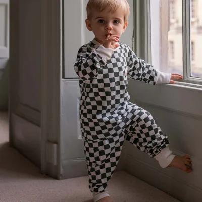 Children's Christmas Jersey Pyjamas - Green Checkerboard