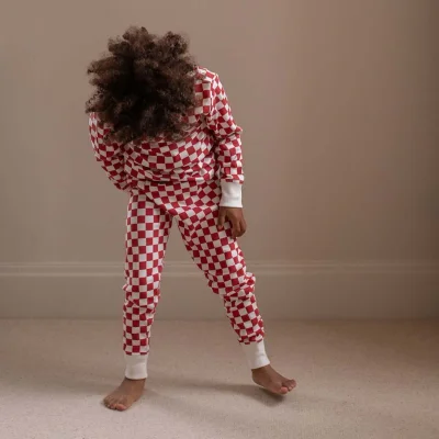 Children's Christmas Jersey Pyjamas - Green Checkerboard