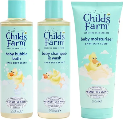 Childs Farm Baby Regime Bundle | Bubble Bath (250ml), Shampoo & Body Wash (250ml) and Body Moisturiser (200ml) | Baby Soft Scent | Suitable for Newborns with Sensitive, Dry, Itchy Skin - 0-1m