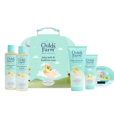 Childs Farm Baby Suitcase Gift | Baby Bubble Bath (250ml), Shampoo & Body Wash (250ml), Moisturiser (200ml) & Nappy Cream (100ml) | Suitable for Newborns with Sensitive, Dry, Itchy Skin — image 1