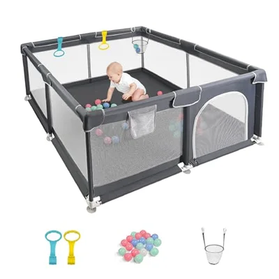 CHOLY Baby Playpen for Babies and Toddlers, Durable Play Pen with Visible Breathable Mesh, Foam Protection, Easy to Assemble Infant Fence -128 ×128cm (Light Grey, 128 x 128cm)
