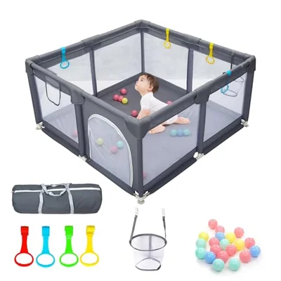 CHOLY Baby Playpen for Babies and Toddlers, Durable Play Pen with Visible Breathable Mesh, Foam Protection, Easy to Assemble Infant Fence -128 ×128cm (Light Grey, 128 x 128cm) - Dark Grey / 128 x 128cm Bag