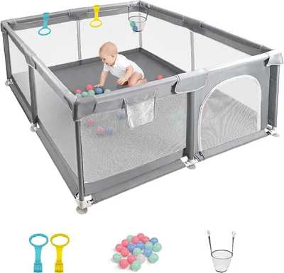 CHOLY Baby Playpen for Babies and Toddlers, Durable Play Pen with Visible Breathable Mesh, Foam Protection, Easy to Assemble Infant Fence -128 ×128cm (Light Grey, 128 x 128cm)