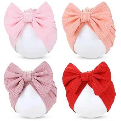 Cinaci 4 Pieces Soft Stretchy Turban Hats with Bow Nursery Hospital Caps Bonnets Beanies Headwraps for Baby Girls Newborns Infants Toddlers