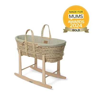 Clair de Lune Cream Organic Palm Moses Basket with Rocking Stand - Sage